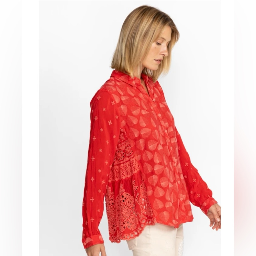 Johnny Was “Pine Desi” size Medium embroidered eyelet blouse in Mars Red